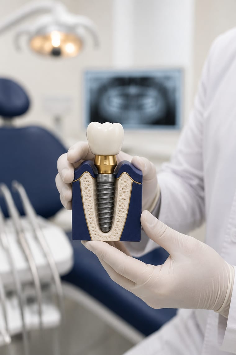 Odontólogo con guantes sosteniendo un modelo de implante dental en el consultorio
